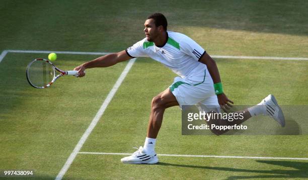 Jo Wilfried Tsonga of France in action during day 5 of the AEGON Classic at the Edgbaston Priory Club in Birmingham on June 10, 2011.