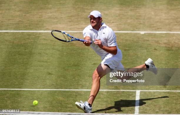 Andy Roddick of the USA in action during day 6 of the AEGON Classic at the Edgbaston Priory Club in Birmingham on June 11, 2011.