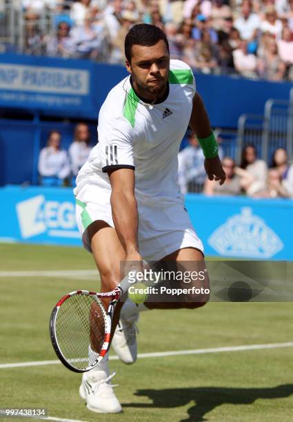 Jo-Wifried Tsonga of France in action during day 6 of the AEGON Classic at the Edgbaston Priory Club in Birmingham on June 11, 2011.
