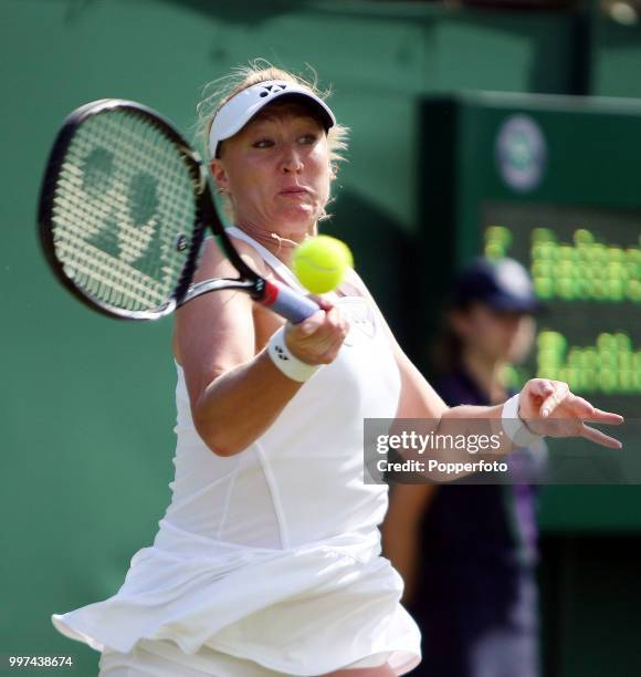 Elena Baltacha of Great Britain in action on Day Two of the Wimbledon Lawn Tennis Championships at the All England Lawn Tennis and Croquet Club in...