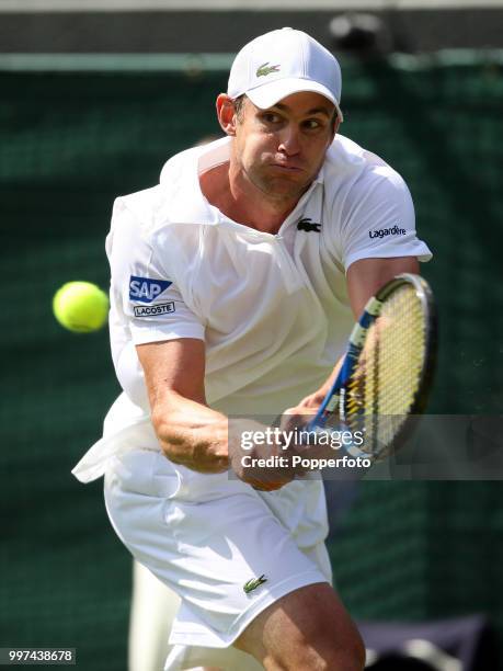 Andy Roddick of the USA in action on Day Two of the Wimbledon Lawn Tennis Championships at the All England Lawn Tennis and Croquet Club in London on...