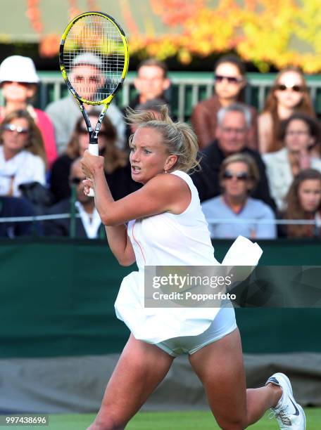 Emily Webley-Smith of Great Britain in action on Day Two of the Wimbledon Lawn Tennis Championships at the All England Lawn Tennis and Croquet Club...