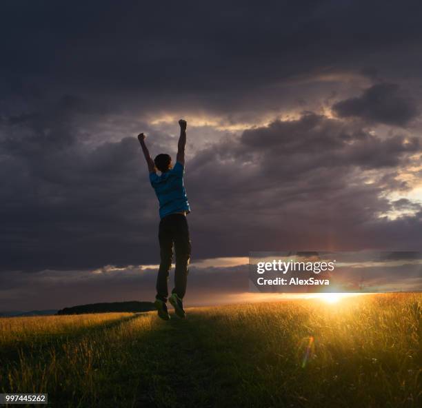 gelukkig man springen in de lucht - happy jumping stockfoto's en -beelden