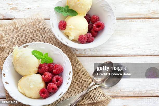 vanilla ice cream with raspberry and mint - mint ice cream stock pictures, royalty-free photos & images