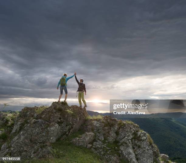 hikers celebrating on the mountain top - alexsava stock pictures, royalty-free photos & images