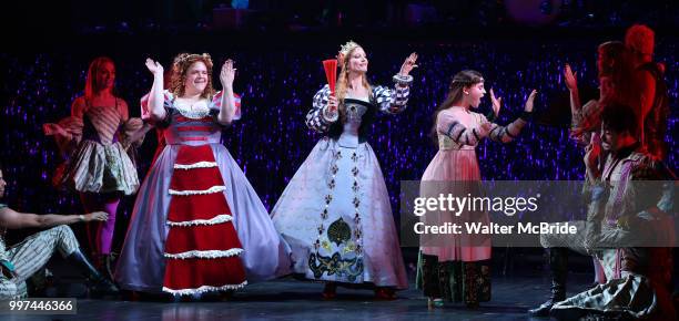 Bonnie Milligan, Rachel York and Alexandra Socha and cast during a special curtain call for Broadway's 'Head Over Heels' on July 12, 2018 at the...