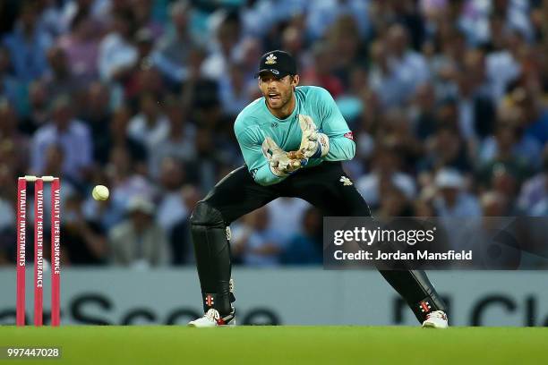 Ben Foakes of Surrey makes a catch during the Vitality Blast match between Surrey and Essex Eagles at The Kia Oval on July 12, 2018 in London,...
