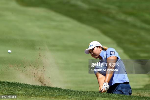 Mirim Lee of Republic of Korea hits from the sand trap toward the 5th green during the first round of the Marathon LPGA Classic golf tournament at...