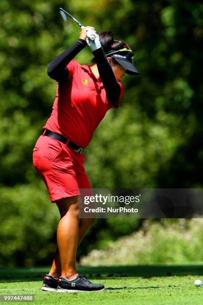 Thidapa Suwannapura of Thailand hits from the 2nd tee during the first round of the Marathon LPGA Classic golf tournament at Highland Meadows Golf...