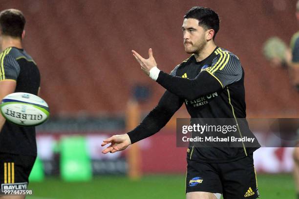 Hurricanes' Nehe Milner-Skudder warms up prior to the round 19 Super Rugby match between the Chiefs and the Hurricanes at Waikato Stadium on July 13,...