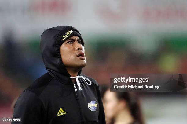 Hurricanes' Julian Savea warms up prior to the round 19 Super Rugby match between the Chiefs and the Hurricanes at Waikato Stadium on July 13, 2018...