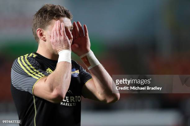 Hurricanes' Beauden Barrett warms up prior to the round 19 Super Rugby match between the Chiefs and the Hurricanes at Waikato Stadium on July 13,...