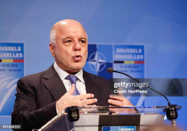 Prime Minister of Iraq, Hajdar al-Abadi gives a closing press conference during 2018 summit in NATOs headquarters in Brussels, Belgium on July 12,...