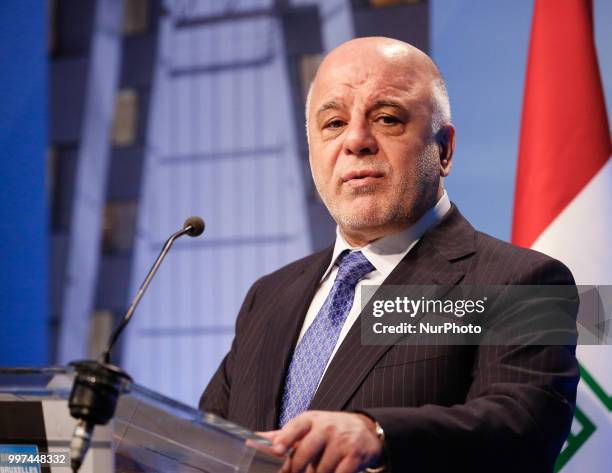 Prime Minister of Iraq, Hajdar al-Abadi gives a closing press conference during 2018 summit in NATOs headquarters in Brussels, Belgium on July 12,...