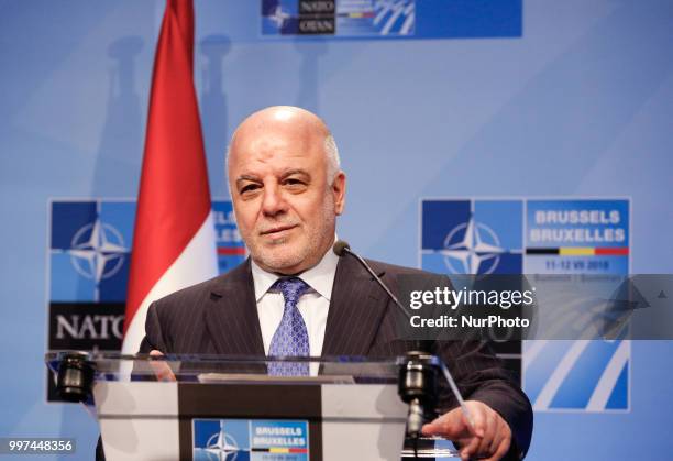Prime Minister of Iraq, Hajdar al-Abadi gives a closing press conference during 2018 summit in NATOs headquarters in Brussels, Belgium on July 12,...