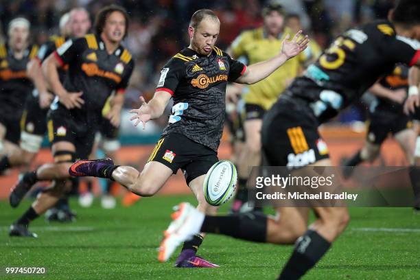 Chiefs Marty McKenzie clears the ball during the round 19 Super Rugby match between the Chiefs and the Hurricanes at Waikato Stadium on July 13, 2018...