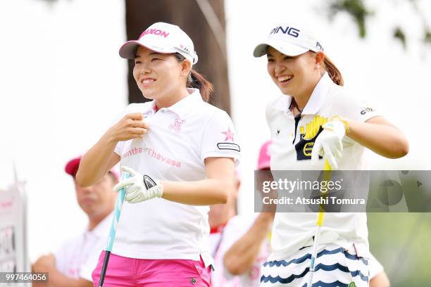 Minami Katsu and Himawari Ogura of Japan smile during the first round of the Samantha Thavasa Girls Collection Ladies Tournament at the Eagle Point...