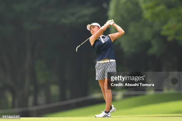 Erina Hara of Japan hits her second shot on the 4th hole during the first round of the Samantha Thavasa Girls Collection Ladies Tournament at the...