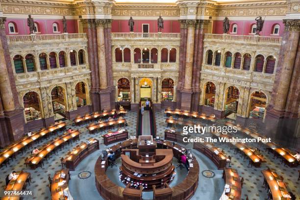 An interior view of the Main Reading Room from an overlook at the Library of Congress Thomas Jefferson Building is shown on Wednesday, August 12,...