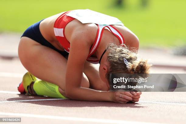 Nicoleta Turnerova of The Czech Republic reacts following heat 3 of the women's 100m hurdles on day four of The IAAF World U20 Championships on July...