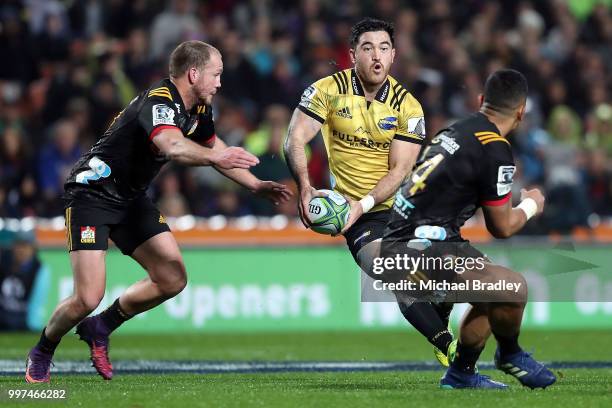 Hurricanes' Nehe Milner-Skudder looks of a gap in the defence during the round 19 Super Rugby match between the Chiefs and the Hurricanes at Waikato...