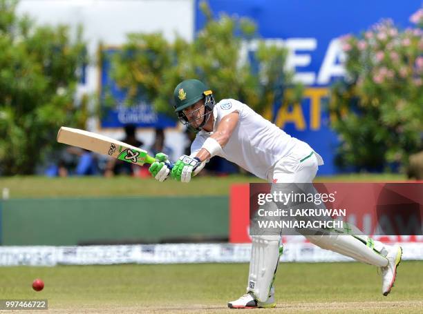 South Africa's captain Faf du Plessis plays a shot during the second day of the opening Test match between Sri Lanka and South Africa at the Galle...