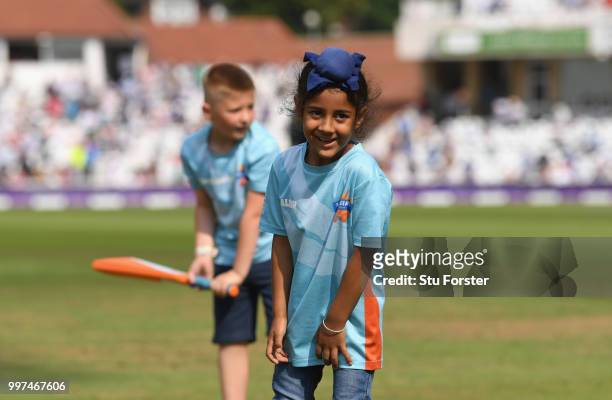 Children pictured playing All Stars Cricket during the 1st Royal London One Day International match between England and India at Trent Bridge on July...