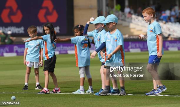 Children pictured playing All Stars Cricket during the 1st Royal London One Day International match between England and India at Trent Bridge on July...