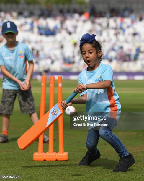 Children pictured playing All Stars Cricket during the 1st Royal London One Day International match between England and India at Trent Bridge on July...