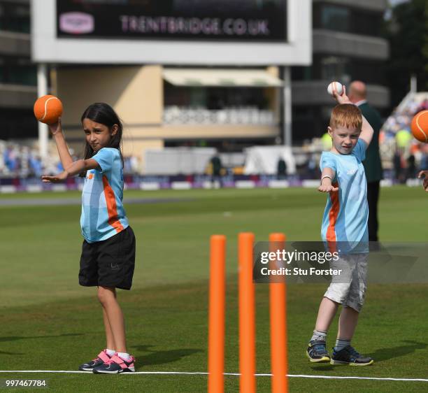 Children pictured playing All Stars Cricket during the 1st Royal London One Day International match between England and India at Trent Bridge on July...