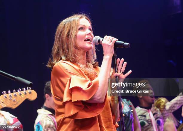 The Go-Go's band member Belinda Carlisle performs with the cast during a special curtain call at the new hit musical featuring The Go-Go's songs...