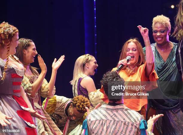 The Go-Go's band members and composers Charlotte Caffey, Belinda Carlisle, Kathy Valentine and Jane Wiedlin perform with the cast during a special...