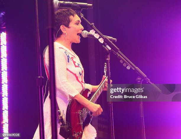 The Go-Go's band member Jane Wiedlin performs with the cast during a special curtain call at the new hit musical featuring The Go-Go's songs 'Head...
