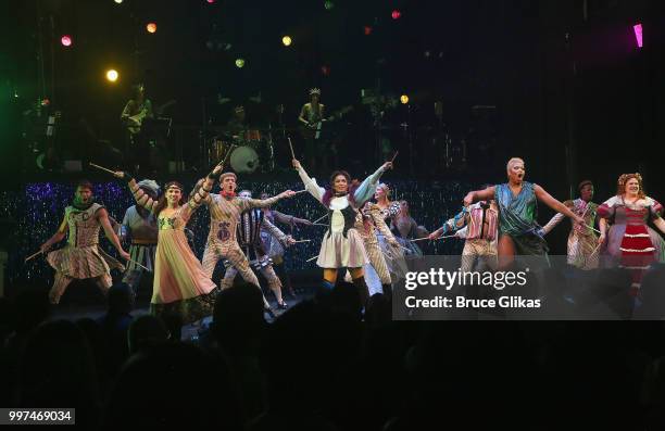 The cast during a special curtain call at the new hit musical featuring The Go-Go's songs 'Head Over Heels' on Broadway at The Hudson Theatre on July...