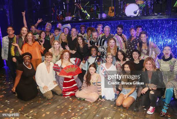 Go-Go's band members Charlotte Caffey, Belinda Carlisle, Kathy Valentine, Jane Wiedlin producers, the cast and company pose backstage after a special...