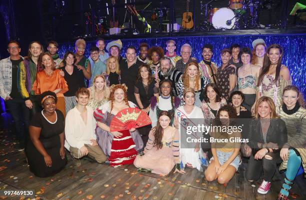 Go-Go's band members Charlotte Caffey, Belinda Carlisle, Kathy Valentine, Jane Wiedlin producers, the cast and company pose backstage after a special...