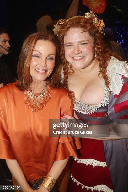 The Go-Go's band members Belinda Carlisle and Bonnie Milligan pose backstage after a special curtain call at the new hit musical featuring The...