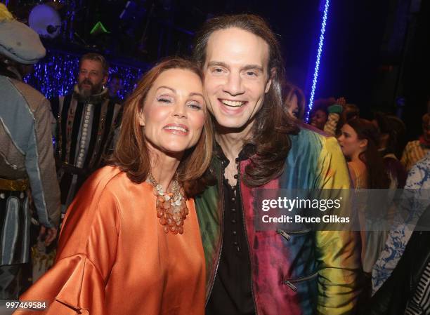 The Go-Go's band members Belinda Carlisle and Producer Jordan Roth pose backstage after a special curtain call at the new hit musical featuring The...