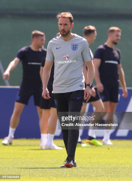 Gareth Southgate, Manager of England looks thoughtful during an England training session during the 2018 FIFA World Cup Russia at Spartak Zelenogorsk...