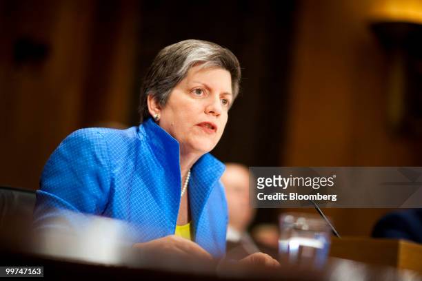 Janet Napolitano, U.S. Homeland security secretary, testifies at a Senate Homeland Security Committee hearing in Washington, D.C., U.S., on Monday,...