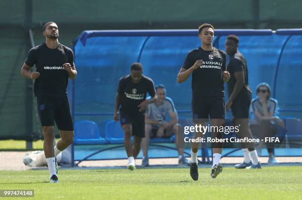 Ruben Loftus-Cheek and Trent Alexander-Arnold of England warm up during an England training session during the 2018 FIFA World Cup Russia at Spartak...