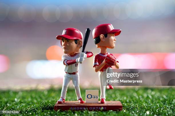 Detail of the Shohei Ohtani of the Los Angeles Angels bobblehead that was given to fans prior to a game against the Seattle Mariners at Angel Stadium...