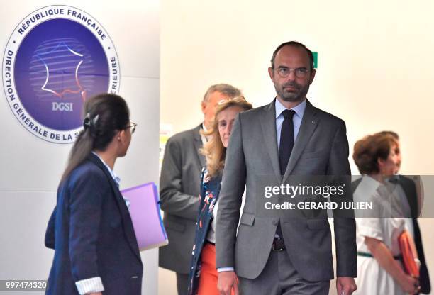 French Prime Minister Edouard Philippe leaves after speaking during the presentation of an anti-terrorism plan at the DGSI at the France's DGSI...