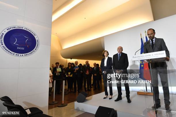 French Prime Minister Edouard Philippe flanked by French Defence Minister Florence Parly , French Minister of the Interior Gerard Collomb speaks...