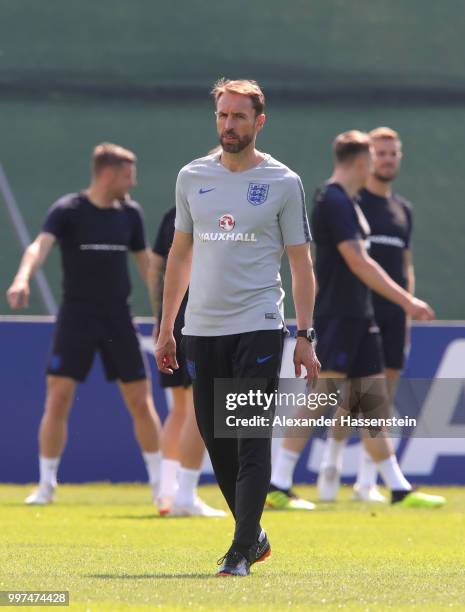 Gareth Southgate, Manager of England looks thoughtful during an England training session during the 2018 FIFA World Cup Russia at Spartak Zelenogorsk...