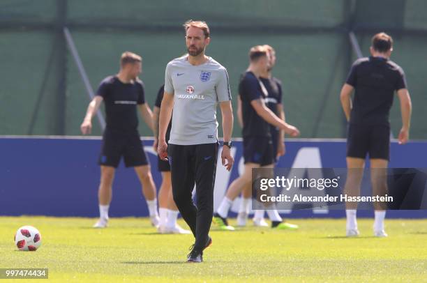 Gareth Southgate, Manager of England looks thoughtful during an England training session during the 2018 FIFA World Cup Russia at Spartak Zelenogorsk...