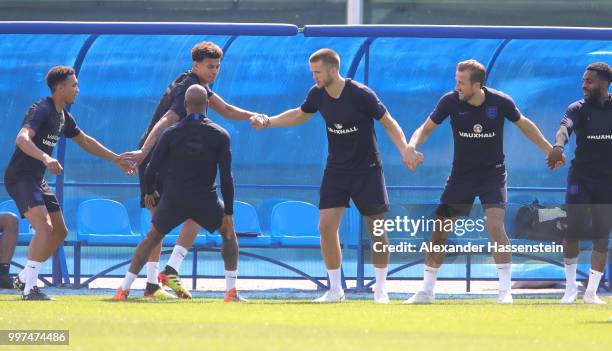 Players take part in a drill during an England training session during the 2018 FIFA World Cup Russia at Spartak Zelenogorsk Stadium on July 13, 2018...