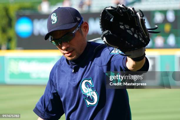 Ichiro Suzuki of the Seattle Mariners reacts during the MLB game against the Los Angeles Angels at Angel Stadium on July 12, 2018 in Anaheim,...