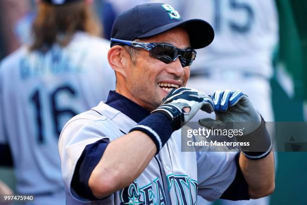 Ichiro Suzuki of the Seattle Mariners smiles during the MLB game against the Los Angeles Angels at Angel Stadium on July 12, 2018 in Anaheim,...