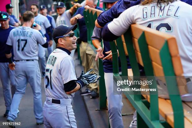 Ichiro Suzuki of the Seattle Mariners smiles during the MLB game against the Los Angeles Angels at Angel Stadium on July 12, 2018 in Anaheim,...